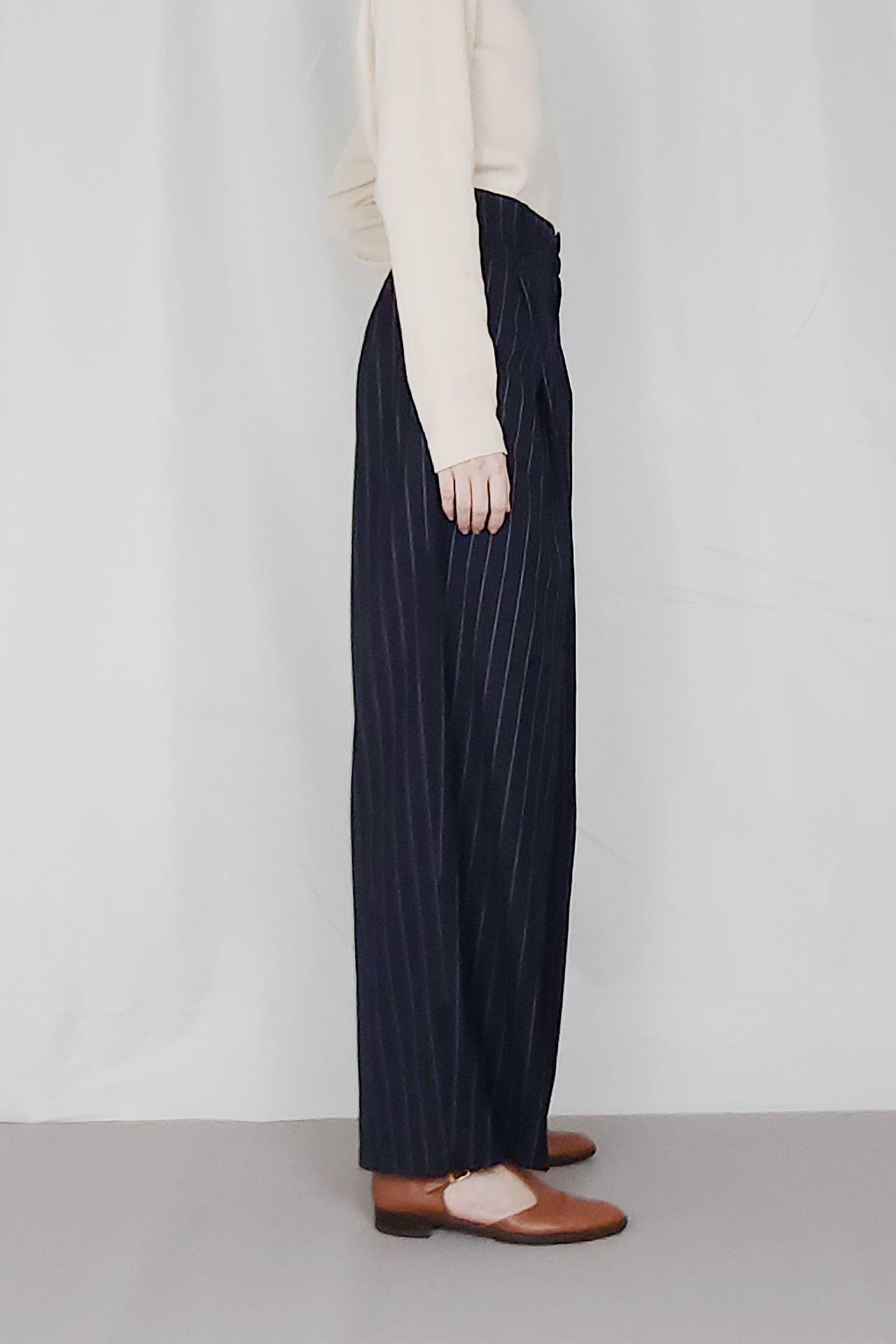 深藍白條紋高腰寬版3D立裁西裝長褲 STRIPE WIDE LEG PANTS HN LAB