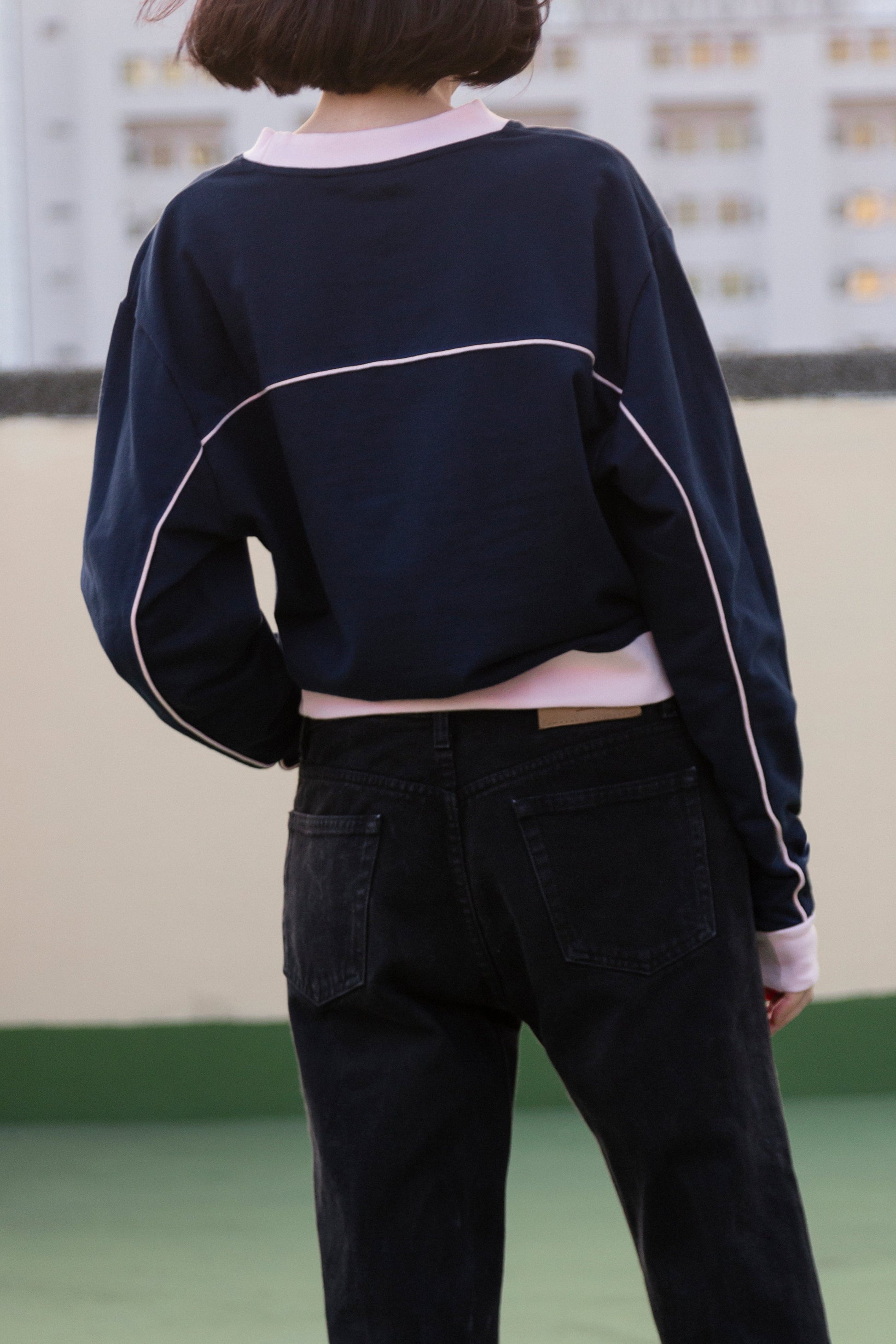 T系列-深藍/粉色滾條拼接撞色大學T衛衣Alice Sweatshirt - HN LAB