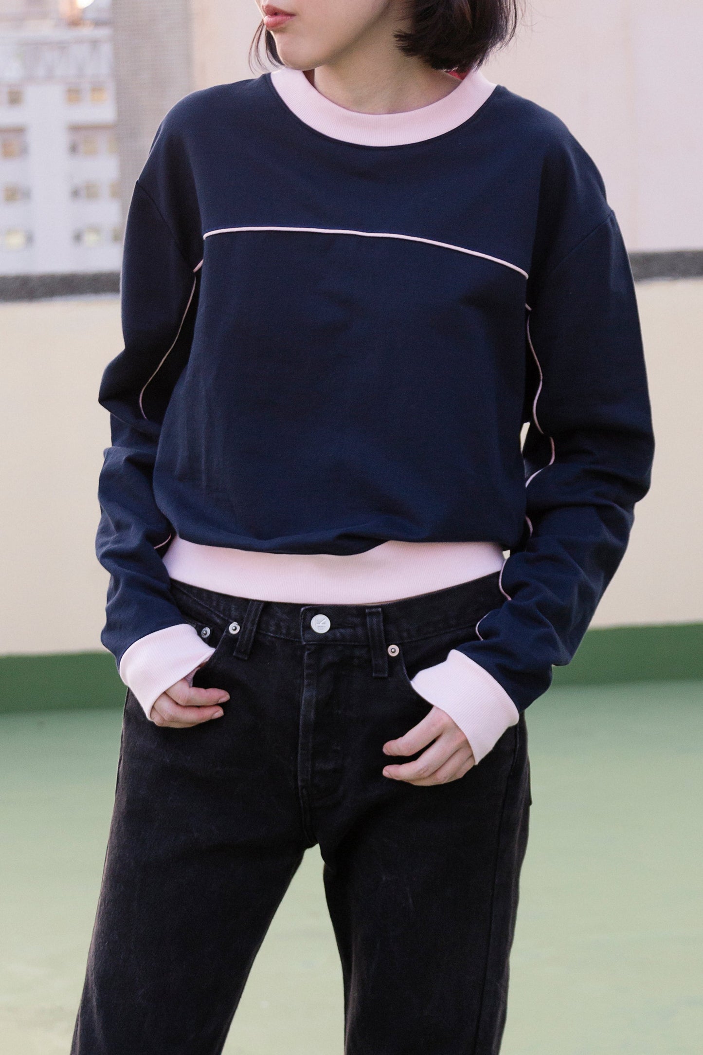 T系列-深藍/粉色滾條拼接撞色大學T衛衣Alice Sweatshirt - HN LAB