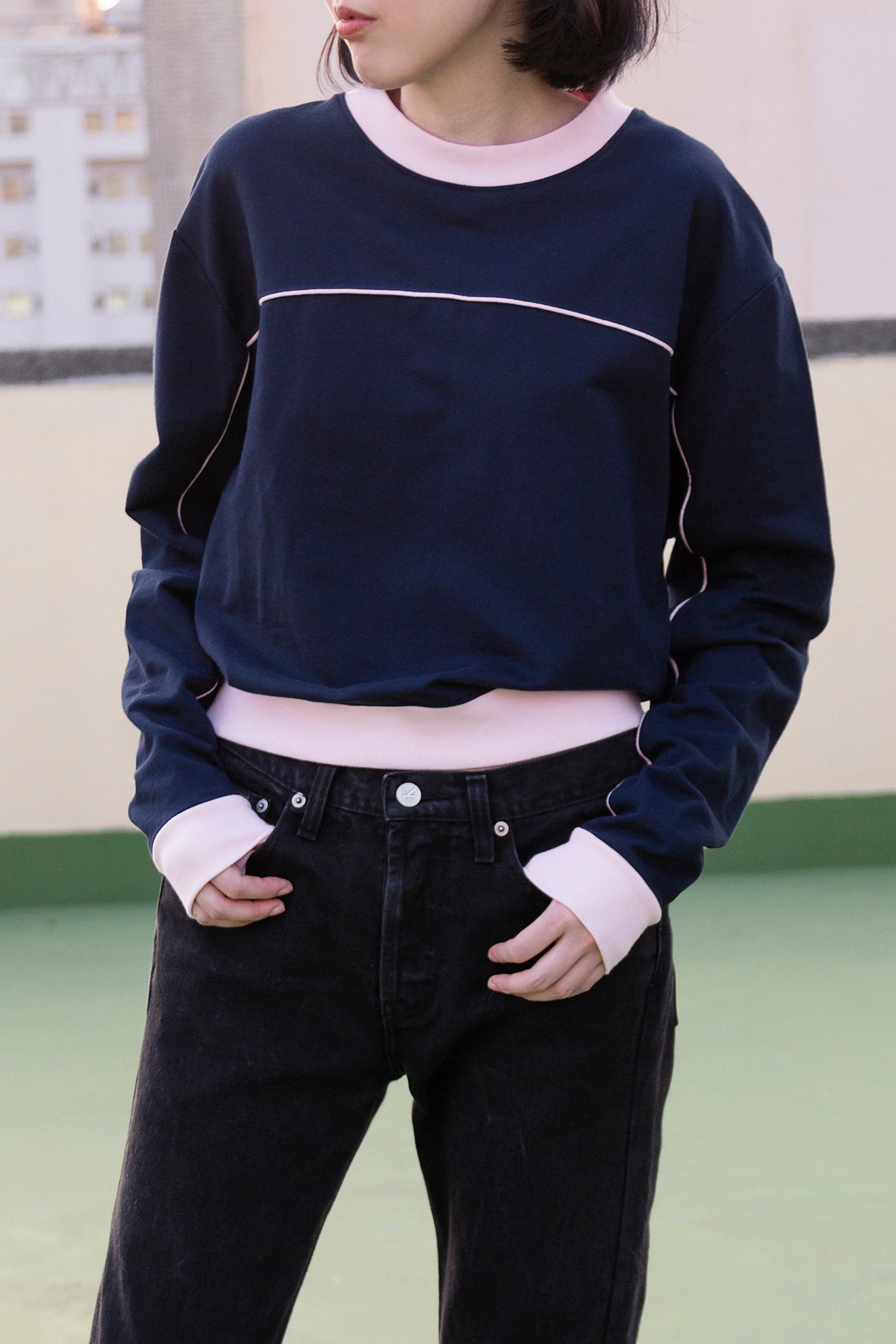 T系列-深藍/粉色滾條拼接撞色大學T衛衣Alice Sweatshirt - HN LAB