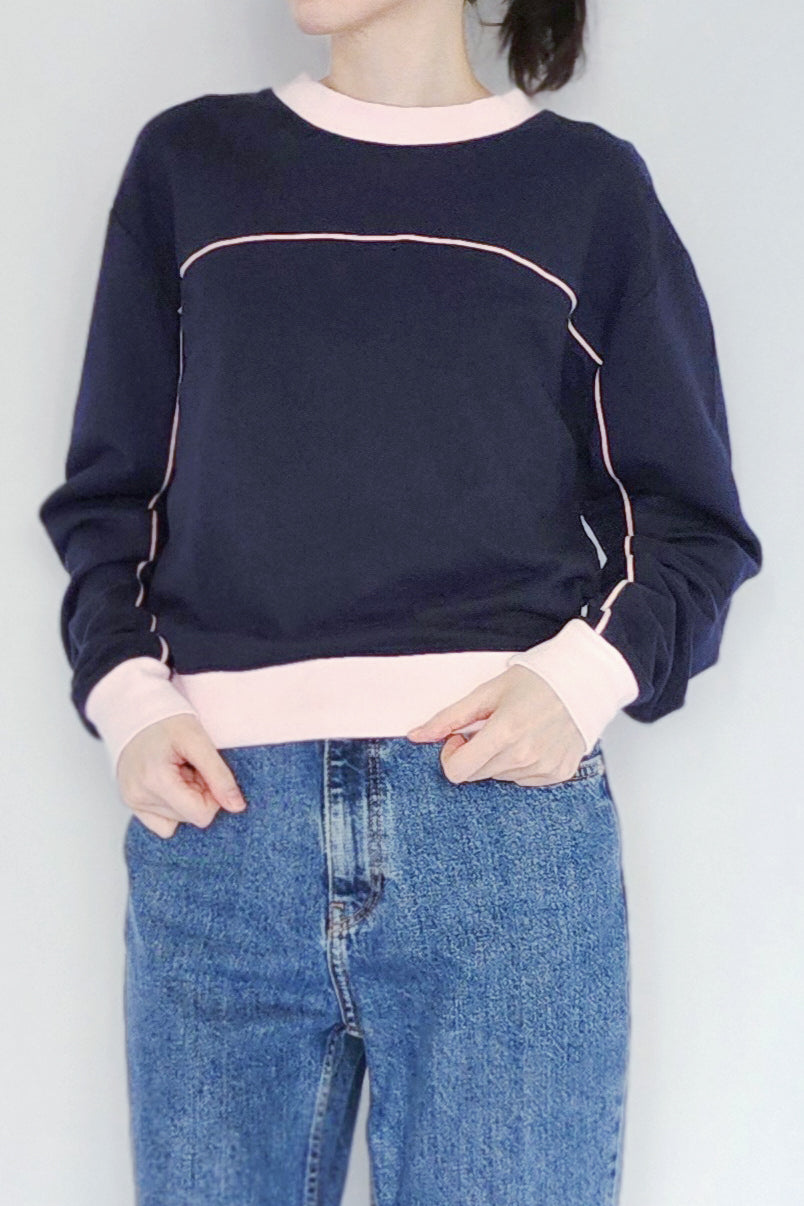 T系列-深藍/粉色滾條拼接撞色大學T衛衣Alice Sweatshirt- HN LAB